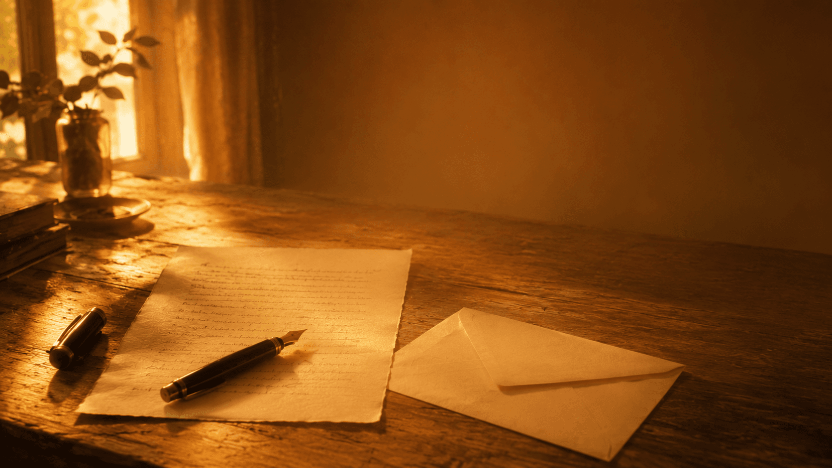Writing desk with travel journal, warm morning light