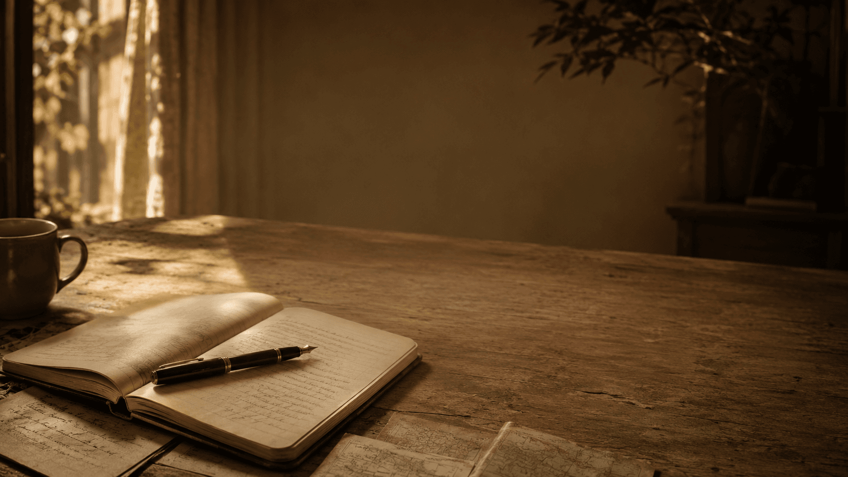 Writing desk with travel journal, morning light