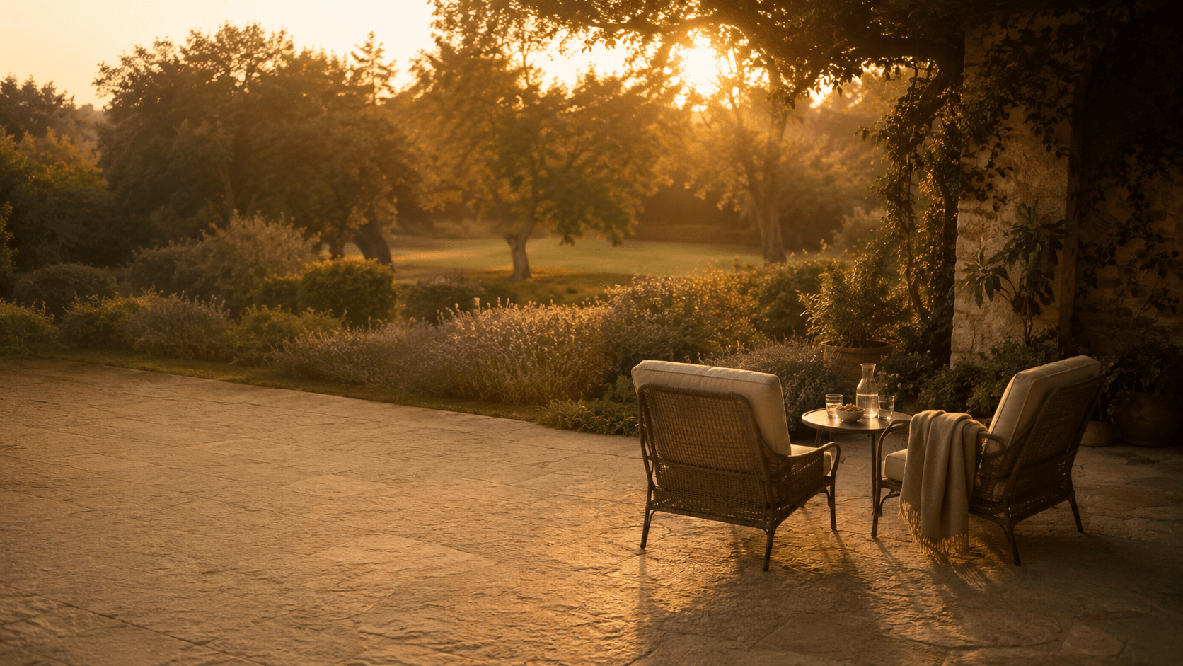 Honeymoon hero — private villa terrace at dawn
